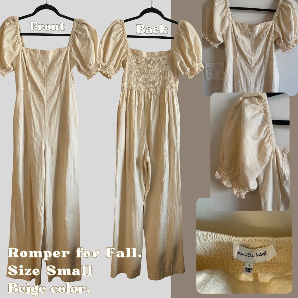 Jacquie the Label Puff Sleeve Cotton Pantsuit Romper S | Neutral Fall Style